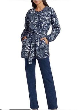 NWOT If Only Studio paisley cotton navy & white Floral Belted Jacket size M